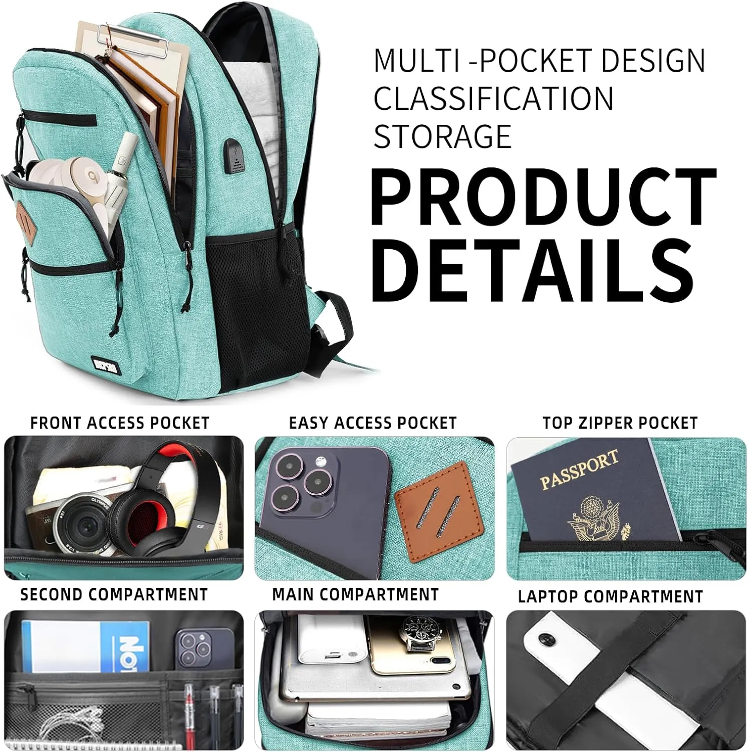 Classic Backpack for Men Women, School Backpack for Girls Boy Teens,15.6 Inch Laptop Bookbag with USB Charger for College High School Work Business Computer Back Pack,mochilas para hombres, Cyan