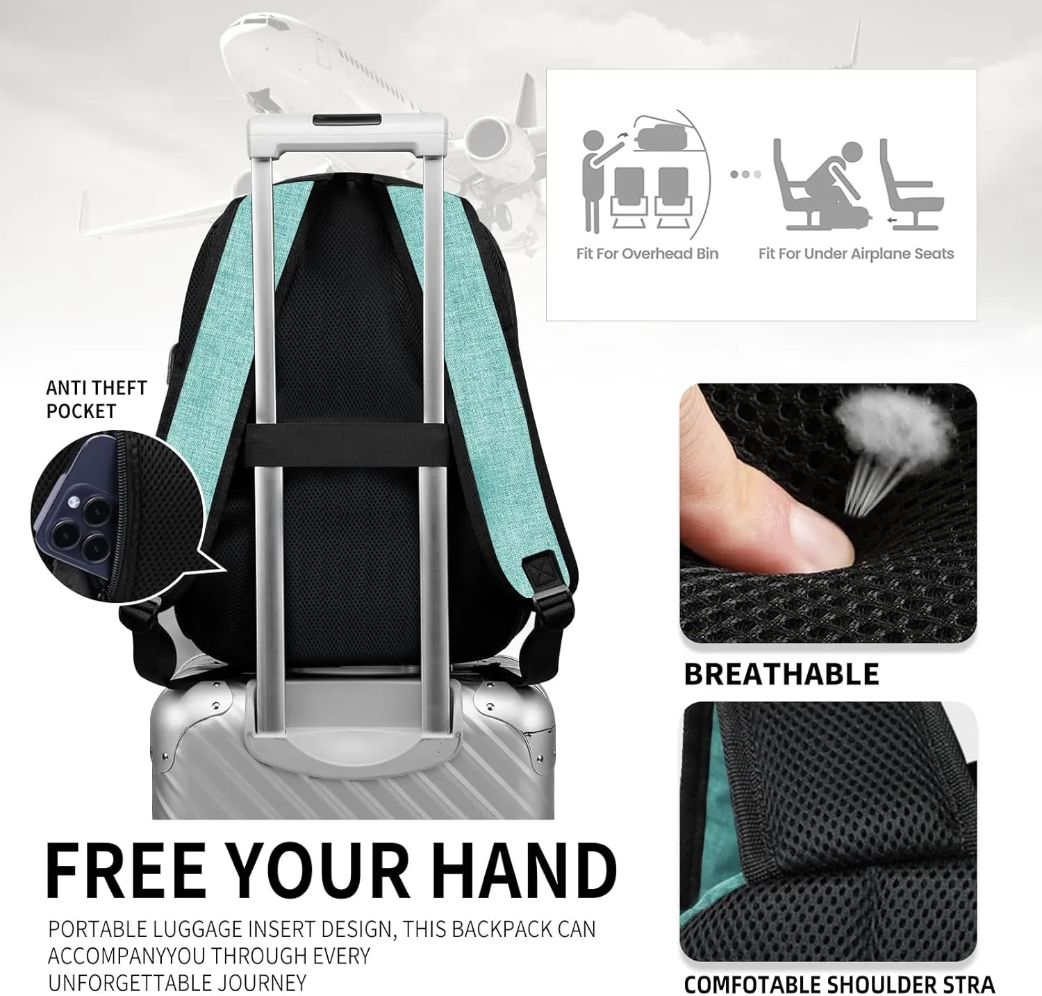 Classic Backpack for Men Women, School Backpack for Girls Boy Teens,15.6 Inch Laptop Bookbag with USB Charger for College High School Work Business Computer Back Pack,mochilas para hombres, Cyan