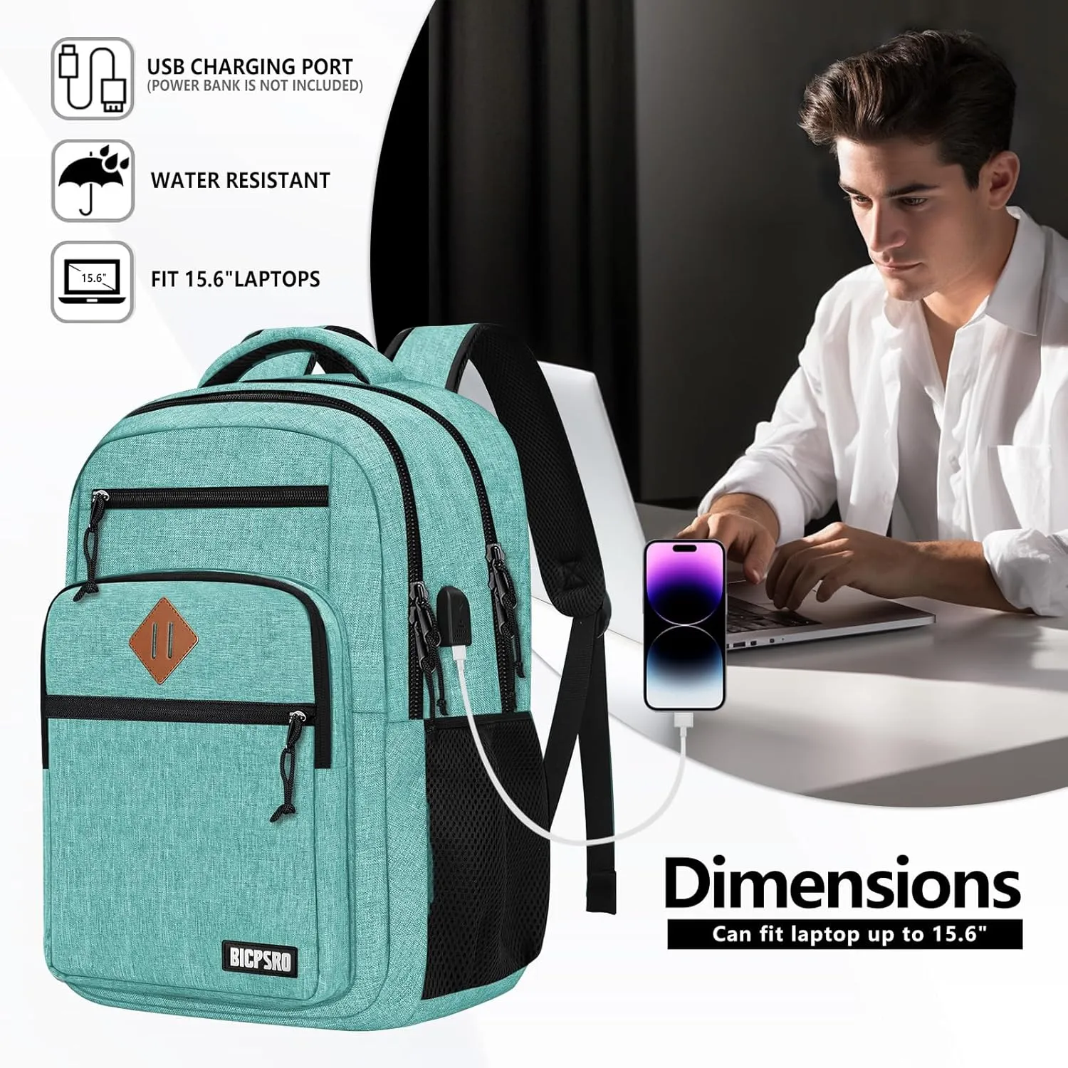 Classic Backpack for Men Women, School Backpack for Girls Boy Teens,15.6 Inch Laptop Bookbag with USB Charger for College High School Work Business Computer Back Pack,mochilas para hombres, Cyan