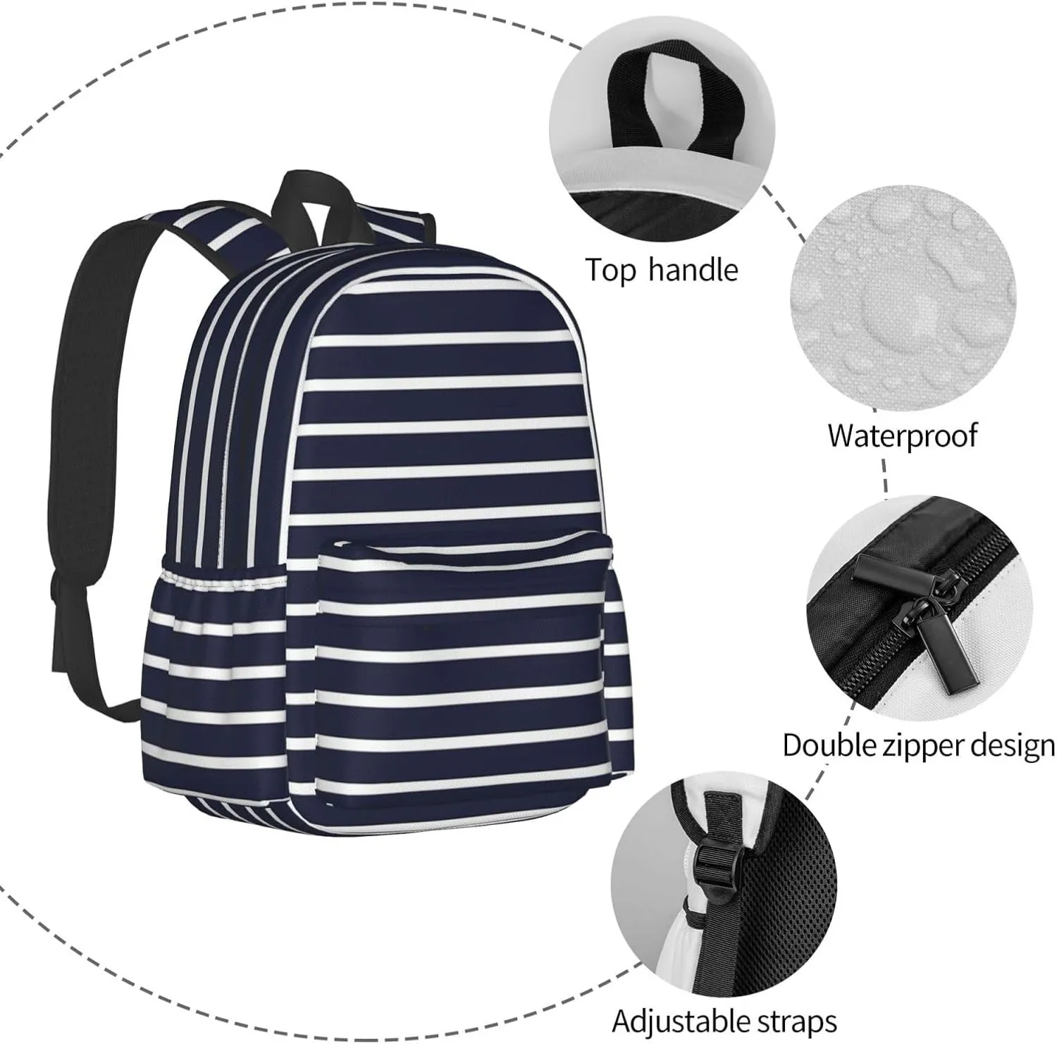 Classic Navy Blue And White Stripes Horizontal Striped Laptop Backpack Shoulder Bag Laptop Pack Travel Backpacks Commuter Back Pack Casual Daypack Bags With Side Pockets