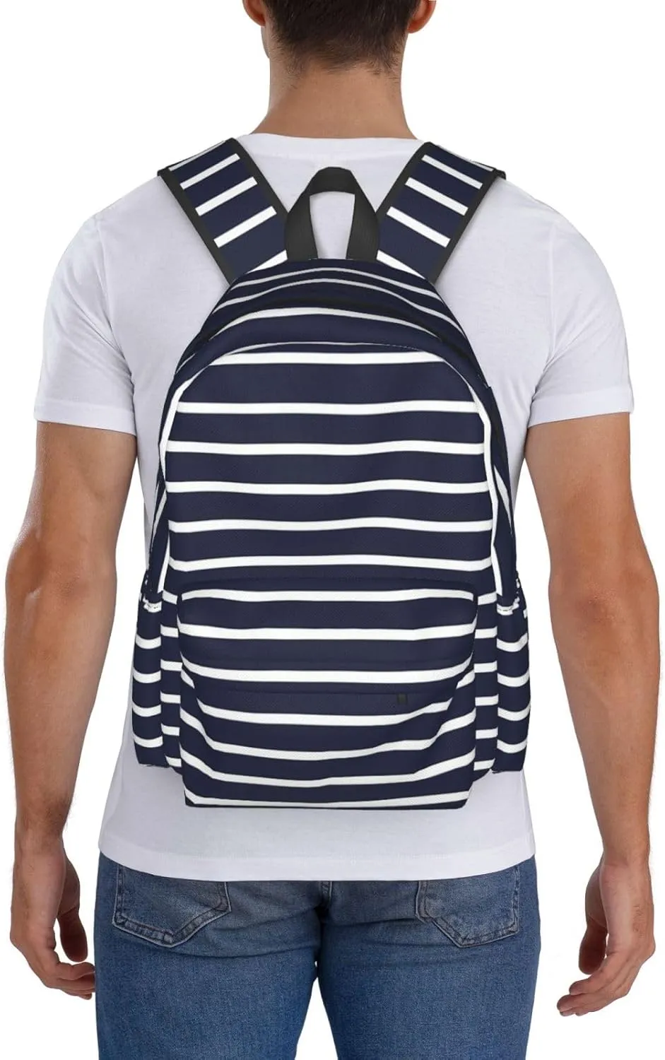 Classic Navy Blue And White Stripes Horizontal Striped Laptop Backpack Shoulder Bag Laptop Pack Travel Backpacks Commuter Back Pack Casual Daypack Bags With Side Pockets