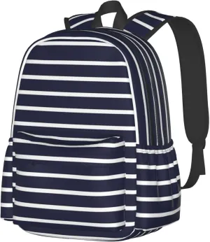 Classic Navy Blue And White Stripes Horizontal Striped Laptop Backpack Shoulder Bag Laptop Pack Travel Backpacks Commuter Back Pack Casual Daypack Bags With Side Pockets