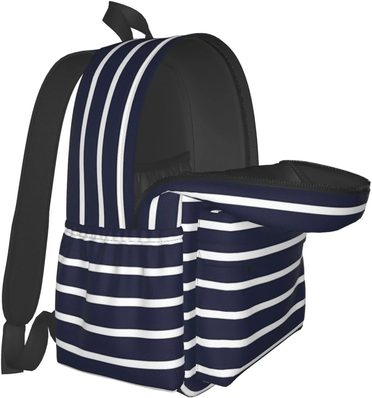 Classic Navy Blue And White Stripes Horizontal Striped Laptop Backpack Shoulder Bag Laptop Pack Travel Backpacks Commuter Back Pack Casual Daypack Bags With Side Pockets