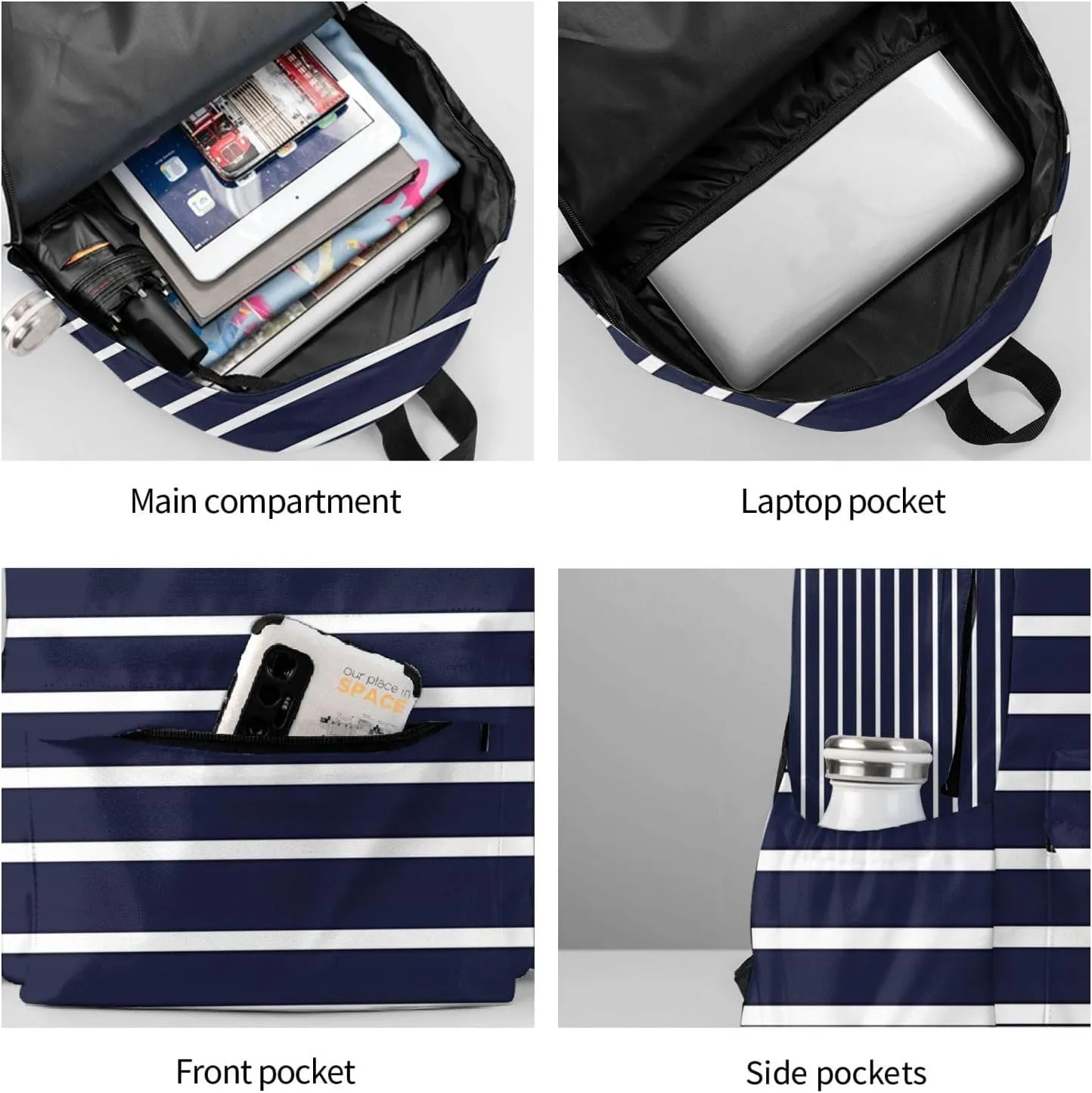 Classic Navy Blue And White Stripes Horizontal Striped Laptop Backpack Shoulder Bag Laptop Pack Travel Backpacks Commuter Back Pack Casual Daypack Bags With Side Pockets