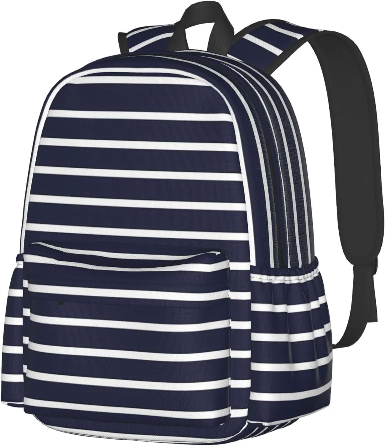Classic Navy Blue And White Stripes Horizontal Striped Laptop Backpack Shoulder Bag Laptop Pack Travel Backpacks Commuter Back Pack Casual Daypack Bags With Side Pockets