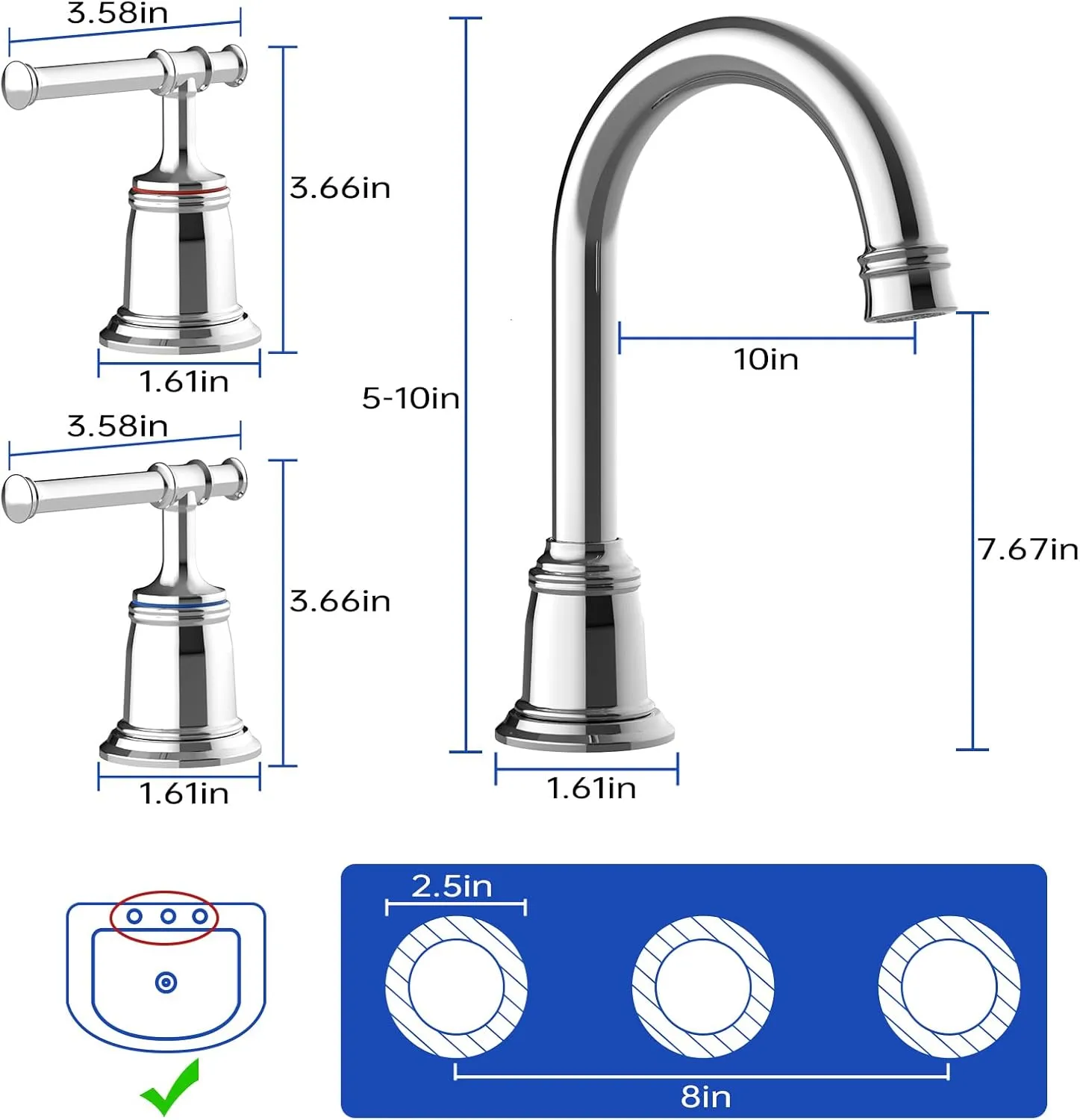 Classical 8 inch Bathroom Faucet, Bathroom faucets for Sink 3 Holes, Widespread Brushed Nickel Bathroom Faucet with Pop Up Drain and cUPC Lead-Free Hose (Chrome 1 Packs)