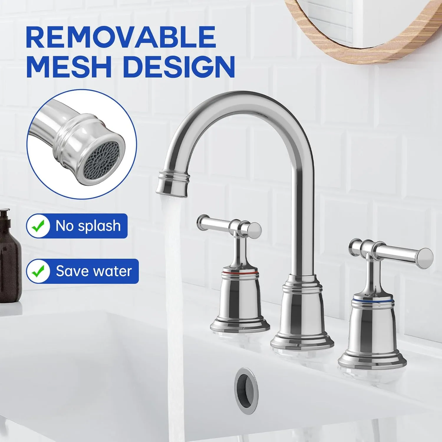 Classical 8 inch Bathroom Faucet, Bathroom faucets for Sink 3 Holes, Widespread Brushed Nickel Bathroom Faucet with Pop Up Drain and cUPC Lead-Free Hose (Chrome 1 Packs)