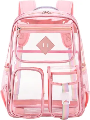 Clear Backpack for School Heavy Duty PVC Transparent Bag See Through Bookbag for Stadium Approved Women Girls (Cute, Pink)