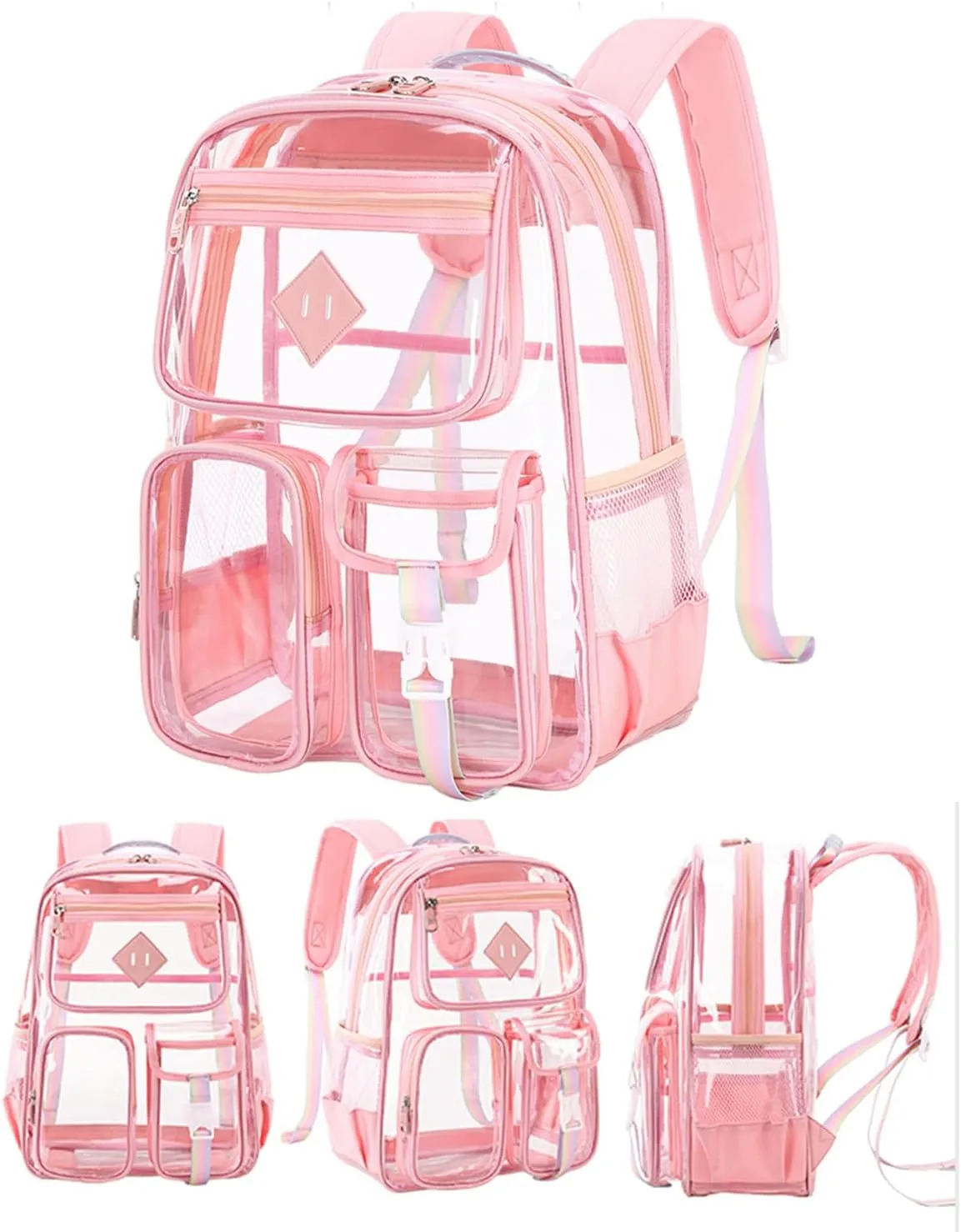 Clear Backpack for School Heavy Duty PVC Transparent Bag See Through Bookbag for Stadium Approved Women Girls (Cute, Pink)