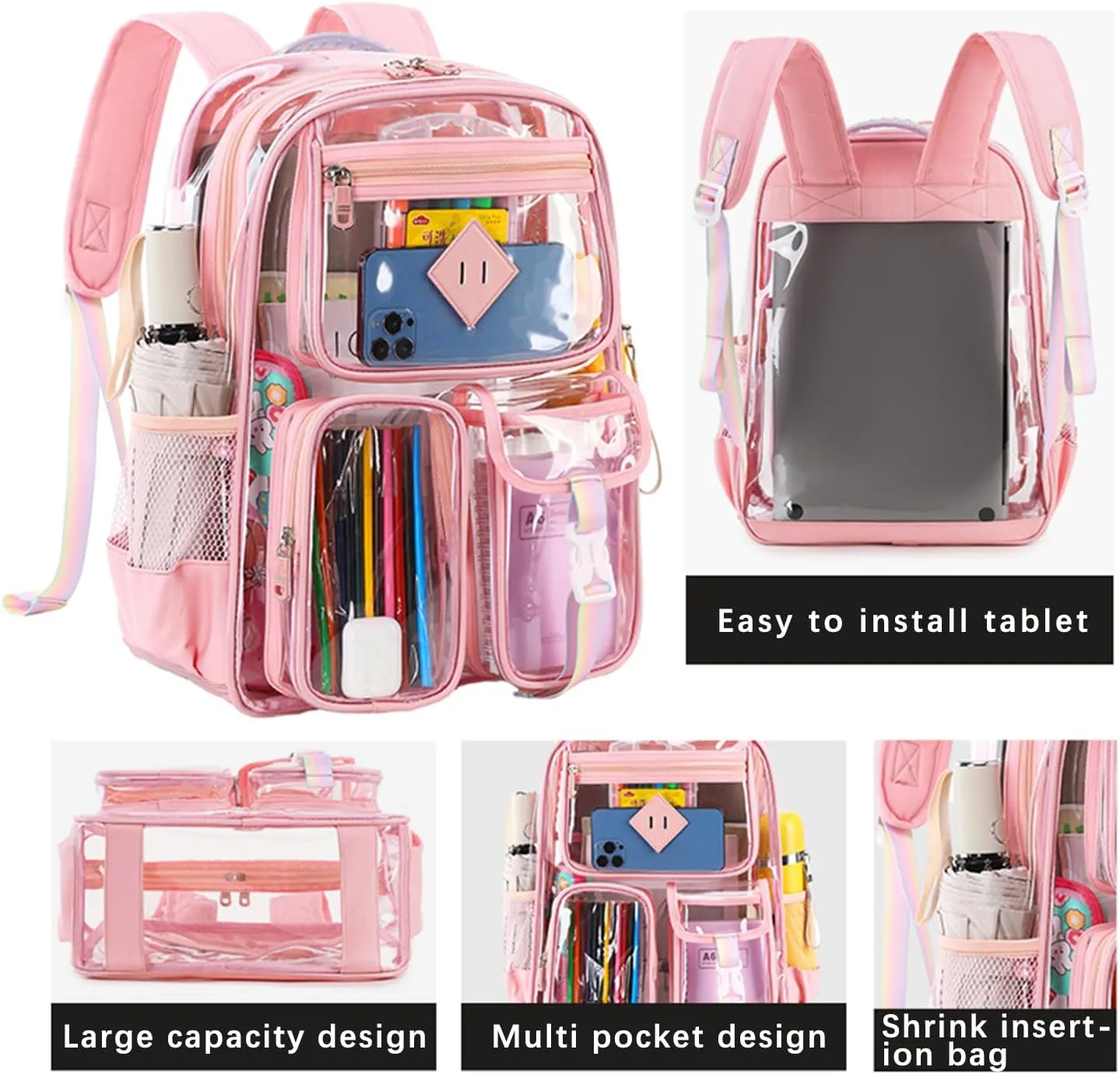 Clear Backpack for School Heavy Duty PVC Transparent Bag See Through Bookbag for Stadium Approved Women Girls (Cute, Pink)