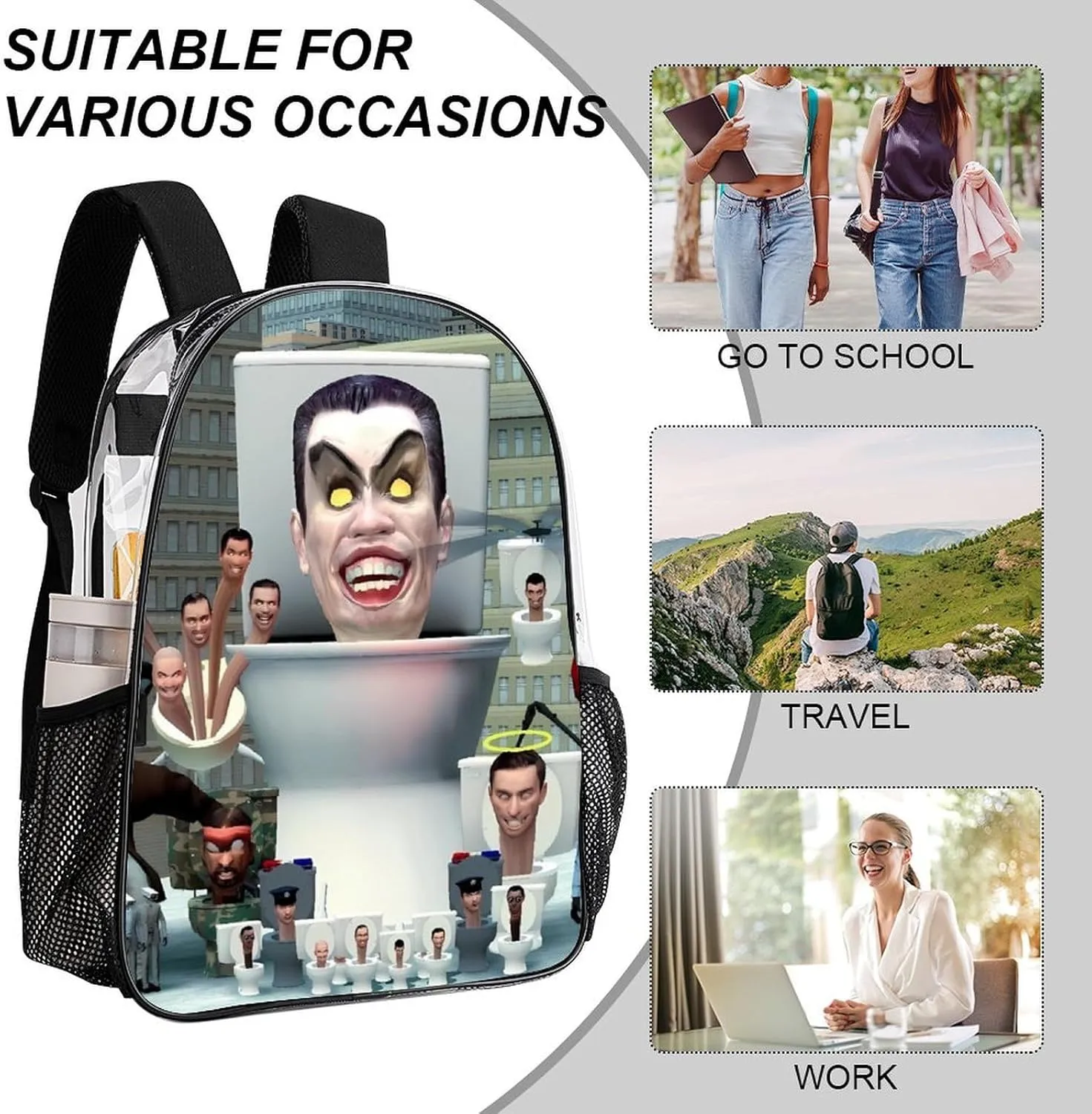 Clear Backpack Heavy Duty PVC Transparent Funny Toi-let Backpack 17"" Large Capacity See Through Bag for Travel, 43x32x13cm, Style