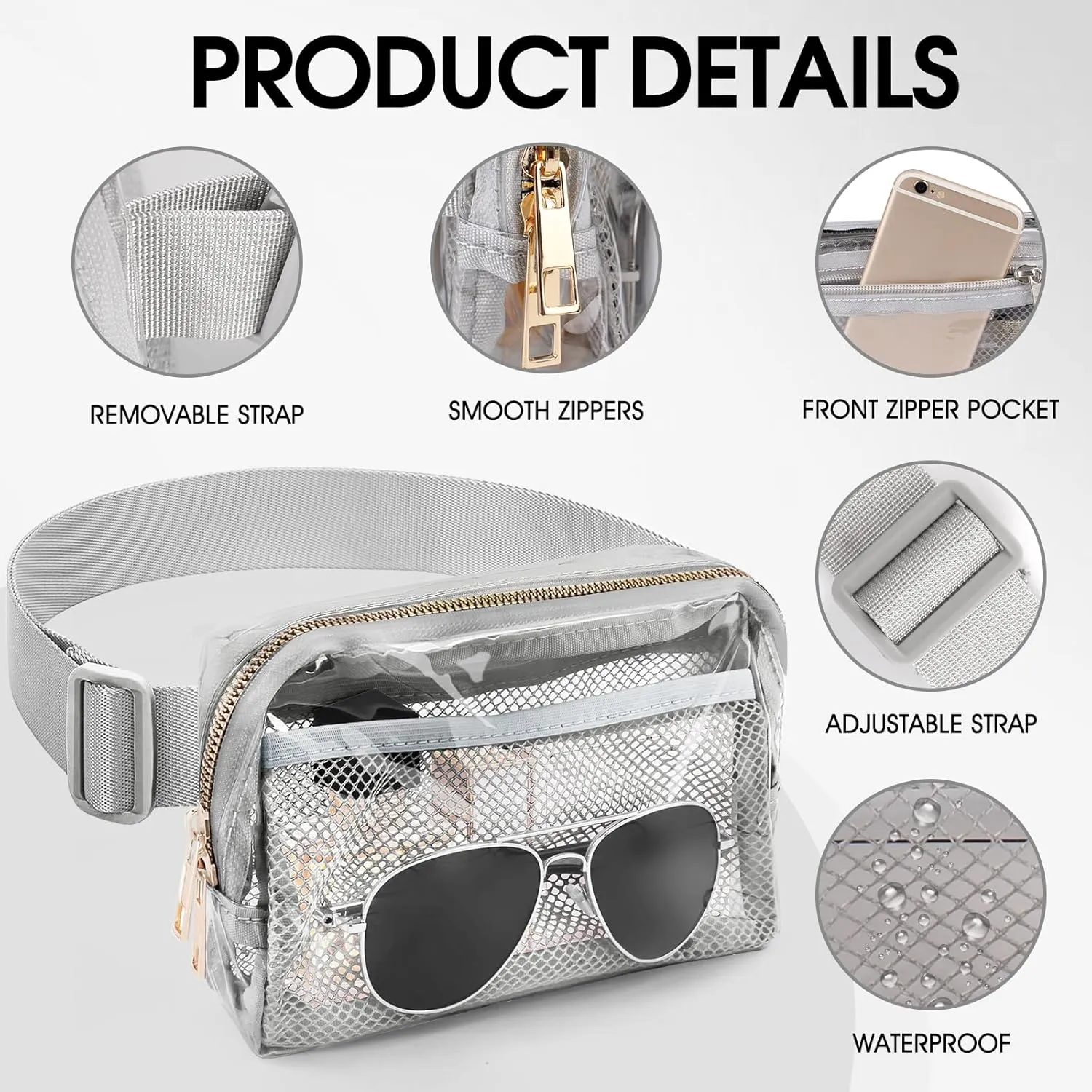 Clear Fanny Pack for Women Clear Bag for Stadium Events Lightweight Waist Pack for Concerts, Sports Games & Travel Stadium Approved Transparent Belt Bag (grey)
