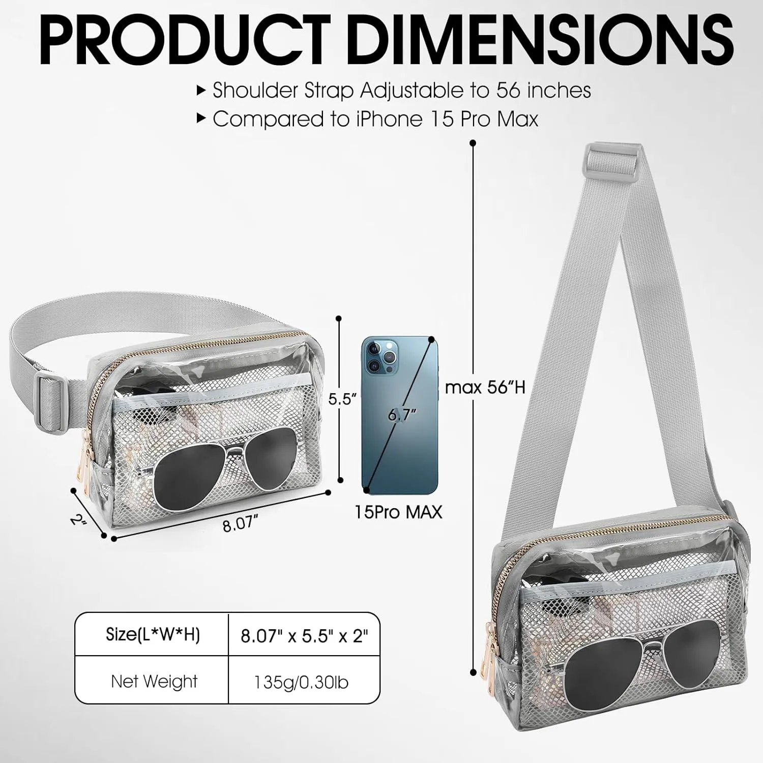 Clear Fanny Pack for Women Clear Bag for Stadium Events Lightweight Waist Pack for Concerts, Sports Games & Travel Stadium Approved Transparent Belt Bag (grey)