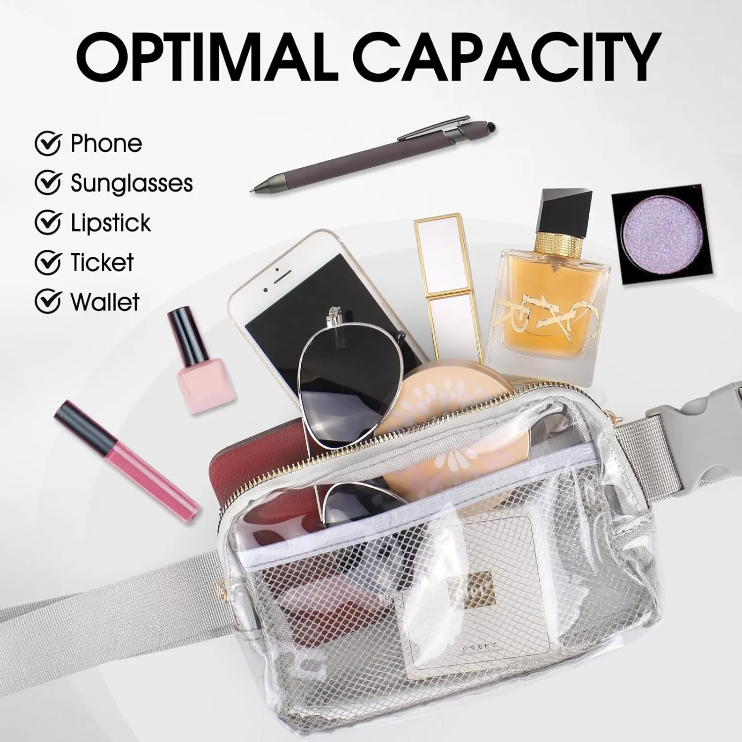 Clear Fanny Pack for Women Clear Bag for Stadium Events Lightweight Waist Pack for Concerts, Sports Games & Travel Stadium Approved Transparent Belt Bag (grey)