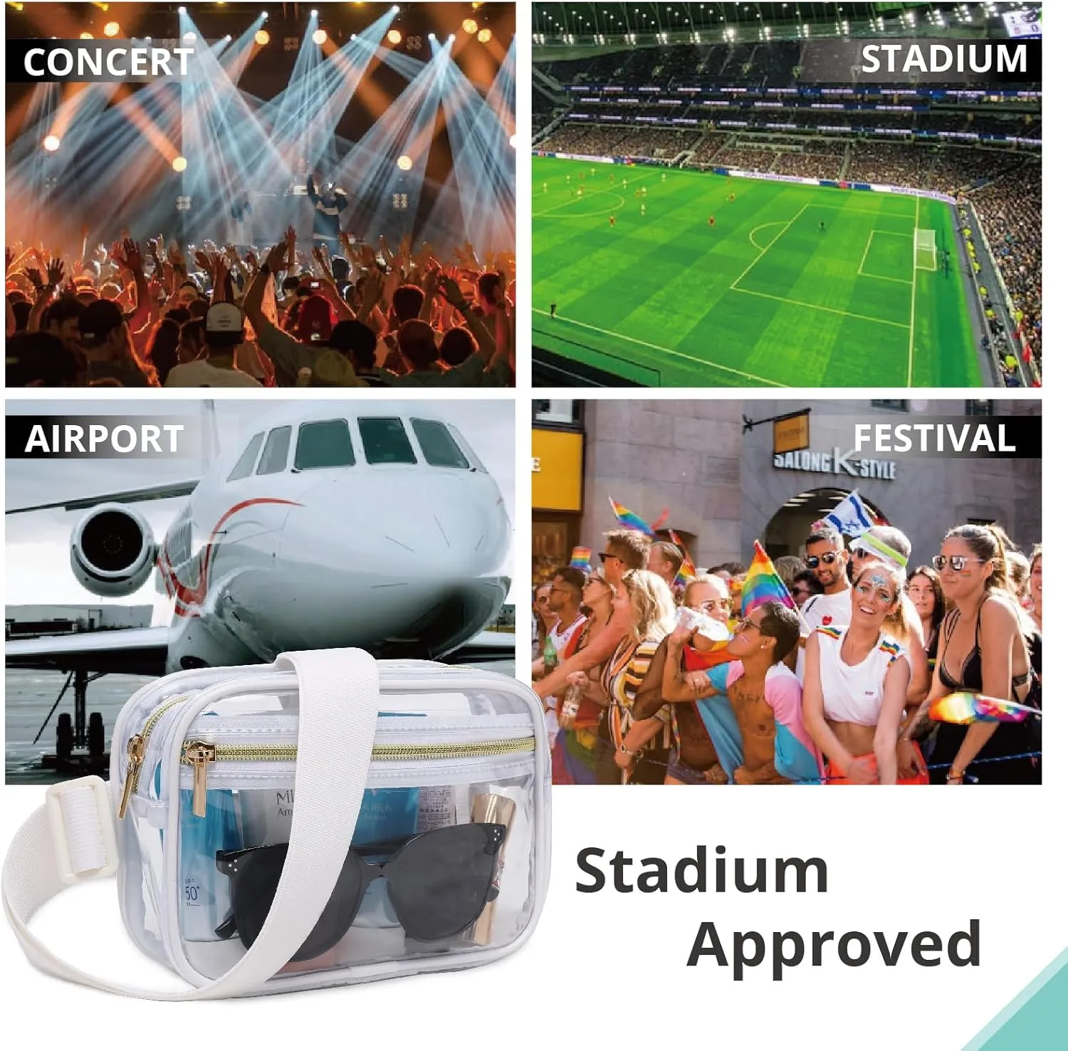 Clear Fanny Pack Stadium Approved，Bunnychill Clear Belt Bag Cross Body Bag for Women Men Transparent Waist Bag Crossbody Purse with Adjustable Belt for Sports, Beach, Events, Concerts, Festivals