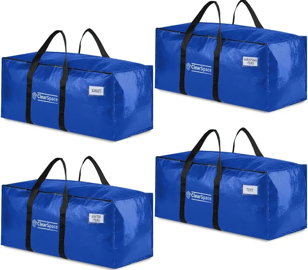 ClearSpace Heavy Duty Moving Bags or Storage Bins – Large Moving Boxes with Backpack Straps, Zippers & Handles – Perfect for Moving, College Dorm, Traveling, Camping, Christmas Decorations, 4 Pack