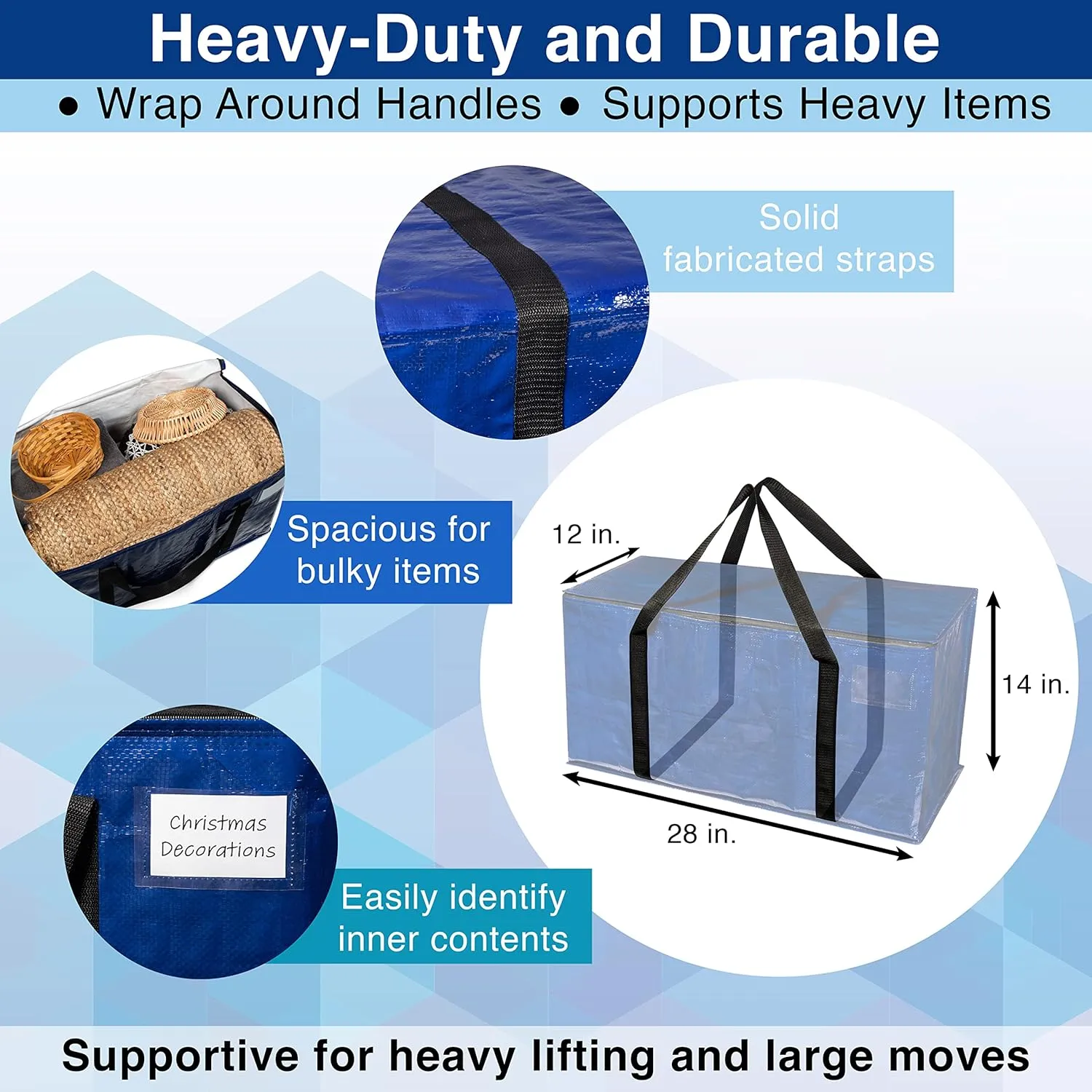 ClearSpace Heavy Duty Moving Bags or Storage Bins – Large Moving Boxes with Backpack Straps, Zippers & Handles – Perfect for Moving, College Dorm, Traveling, Camping, Christmas Decorations, 4 Pack