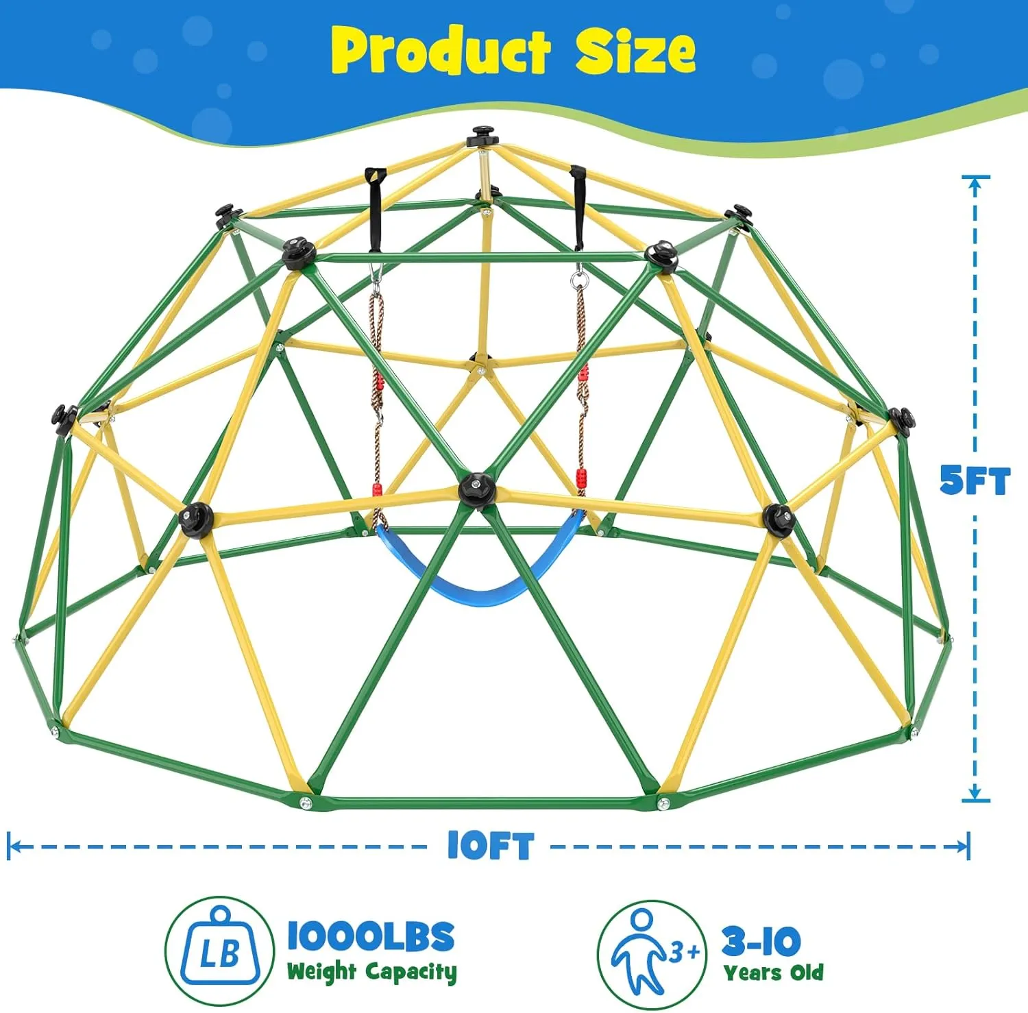 Climbing Dome, 10FT Climber with Hammock & Swing, Jungle Gym Playground Backyard for Kids, 2024 Upgraded Model Indoor Outdoor Toddler Play Equipment, Easy Assembly, Safety Certified