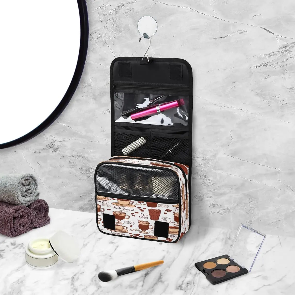 Coffee Pattern Hanging Toiletry Bag Waterproof Makeup Cosmetic Bag Travel Bag Organizer for Accessories Shampoo Full Sized Container Travel-Essentials Toiletry Bag