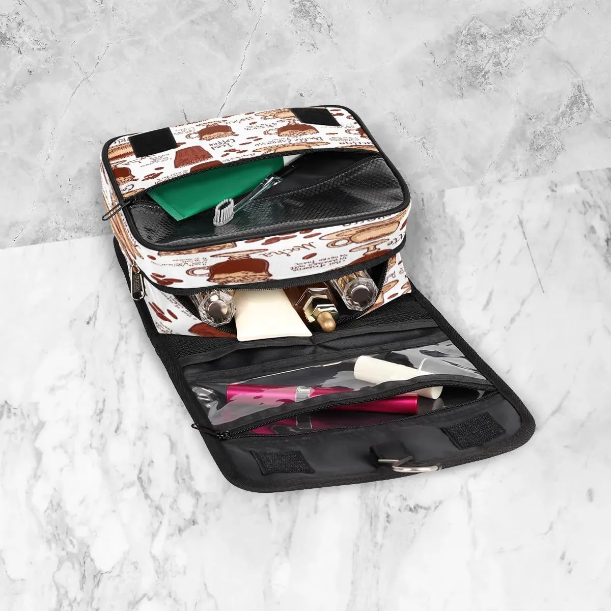 Coffee Pattern Hanging Toiletry Bag Waterproof Makeup Cosmetic Bag Travel Bag Organizer for Accessories Shampoo Full Sized Container Travel-Essentials Toiletry Bag