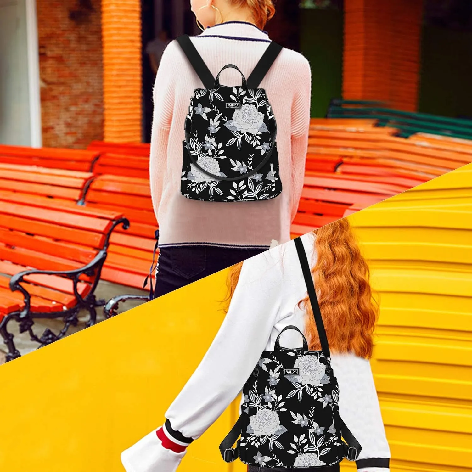 College Backpack Nylon Backpack Purse for Women Anti Theft Travel Backpacks Waterproof Crossbody Bag Convertible Backpack Fashion Book Bags Shoulder Bag Flower Mochilas de mujer 13"x5.9"x13.9"