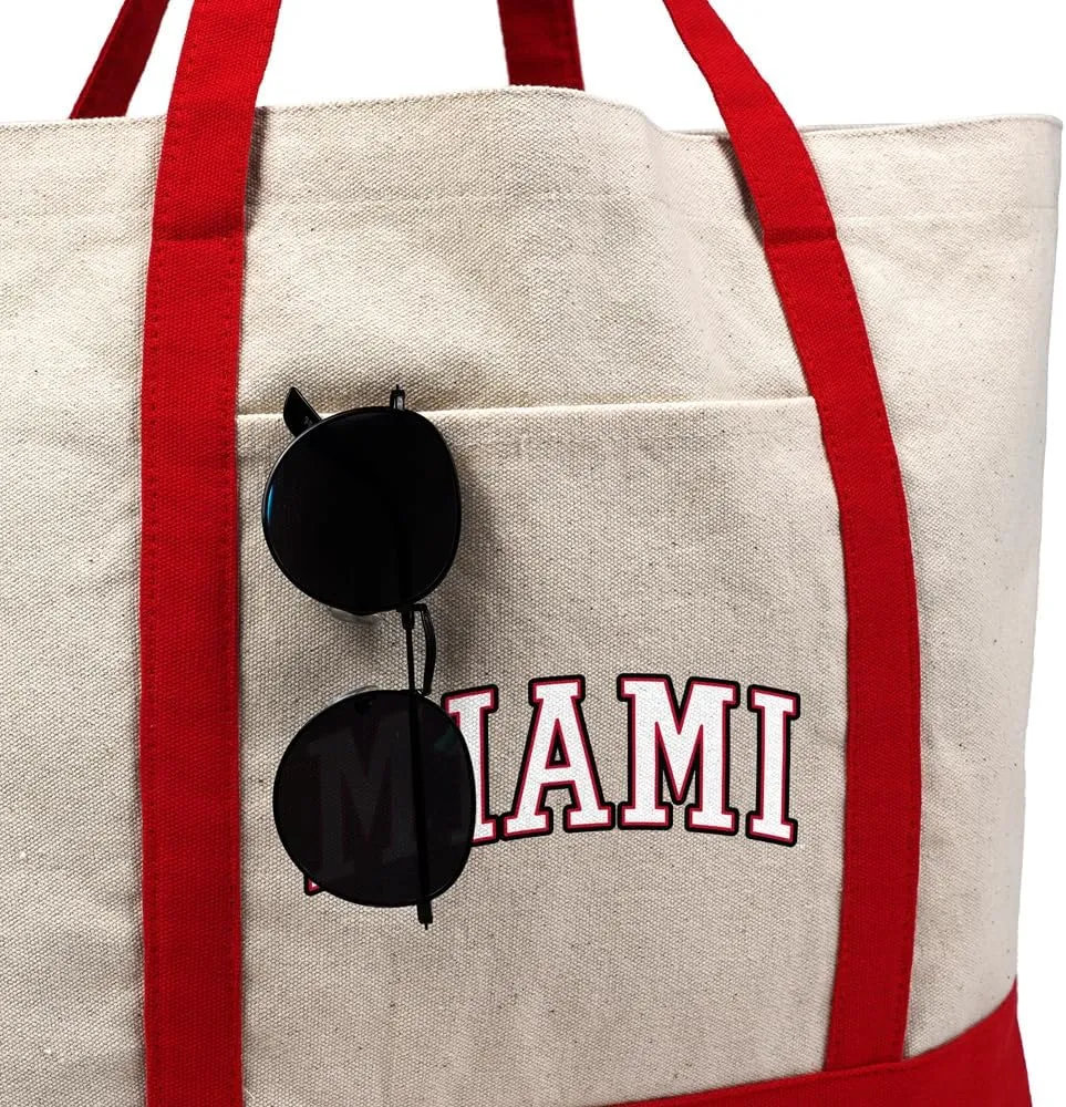 Collegiate Distressed School Name Canvas Tote Bag With External Pocket, Reusable Shoulder Bag for Shopping, Beach