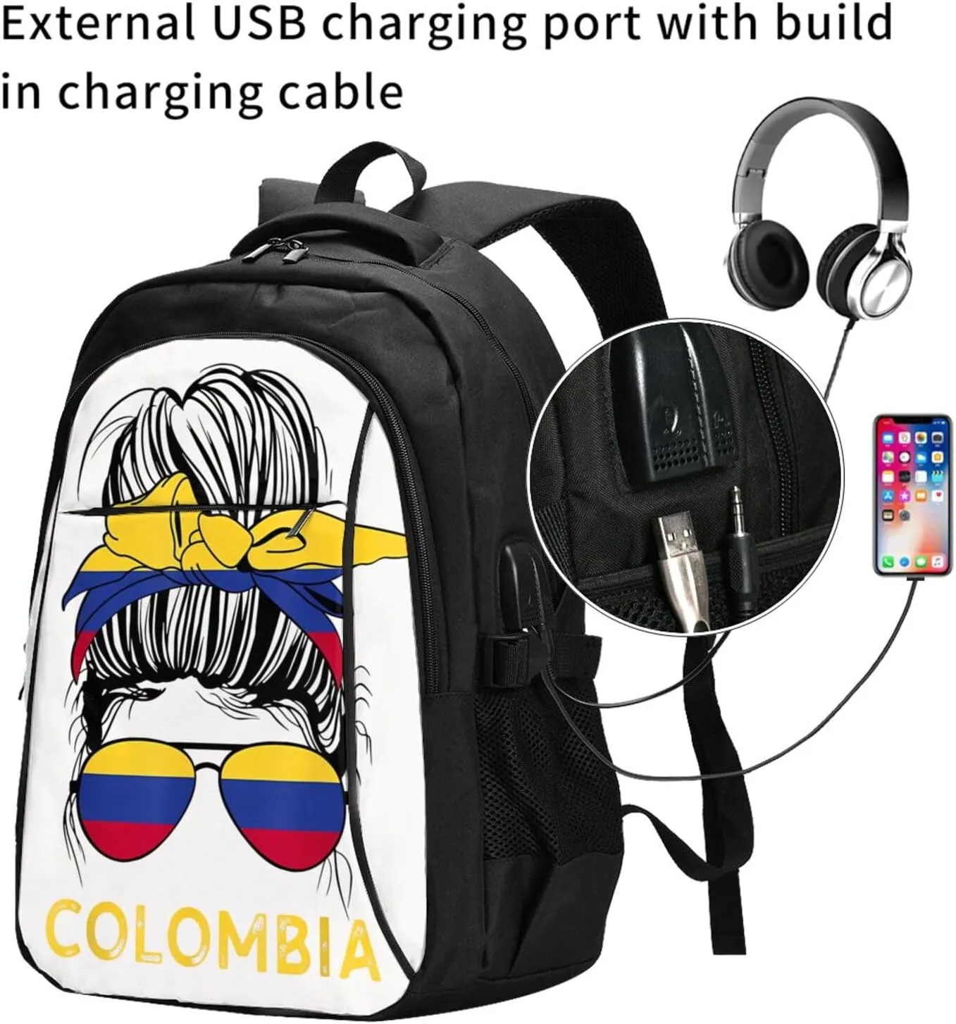 Colombian Women Messy Hair Sunglasses Colombia Flag Travel Backpacks Casual Backpack Large Capacity Laptop Rucksack Luggage Daypacks with USB Charging Port Multi-Pockets Bags for Hiking