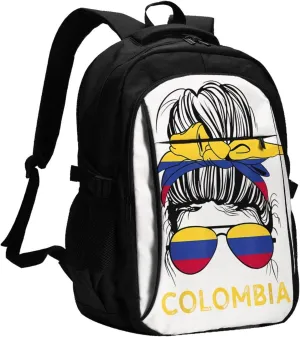 Colombian Women Messy Hair Sunglasses Colombia Flag Travel Backpacks Casual Backpack Large Capacity Laptop Rucksack Luggage Daypacks with USB Charging Port Multi-Pockets Bags for Hiking