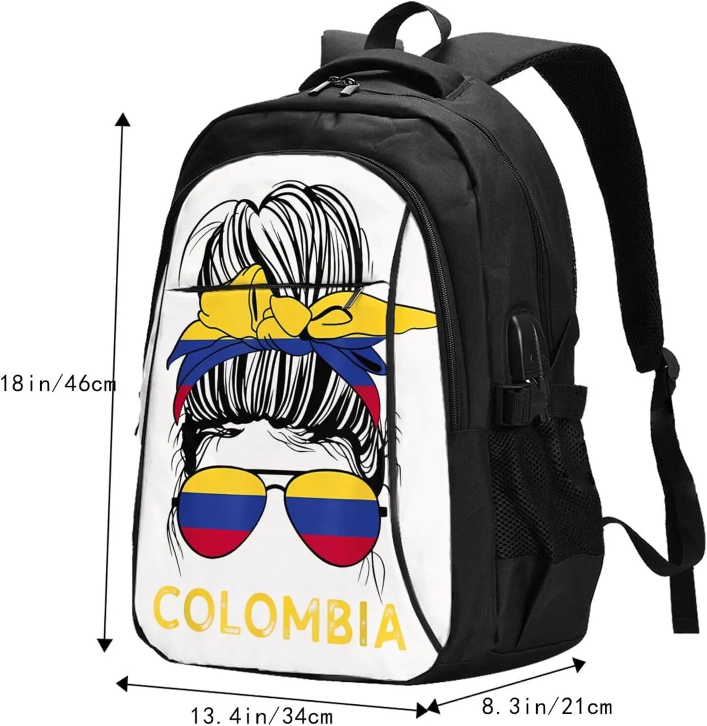 Colombian Women Messy Hair Sunglasses Colombia Flag Travel Backpacks Casual Backpack Large Capacity Laptop Rucksack Luggage Daypacks with USB Charging Port Multi-Pockets Bags for Hiking