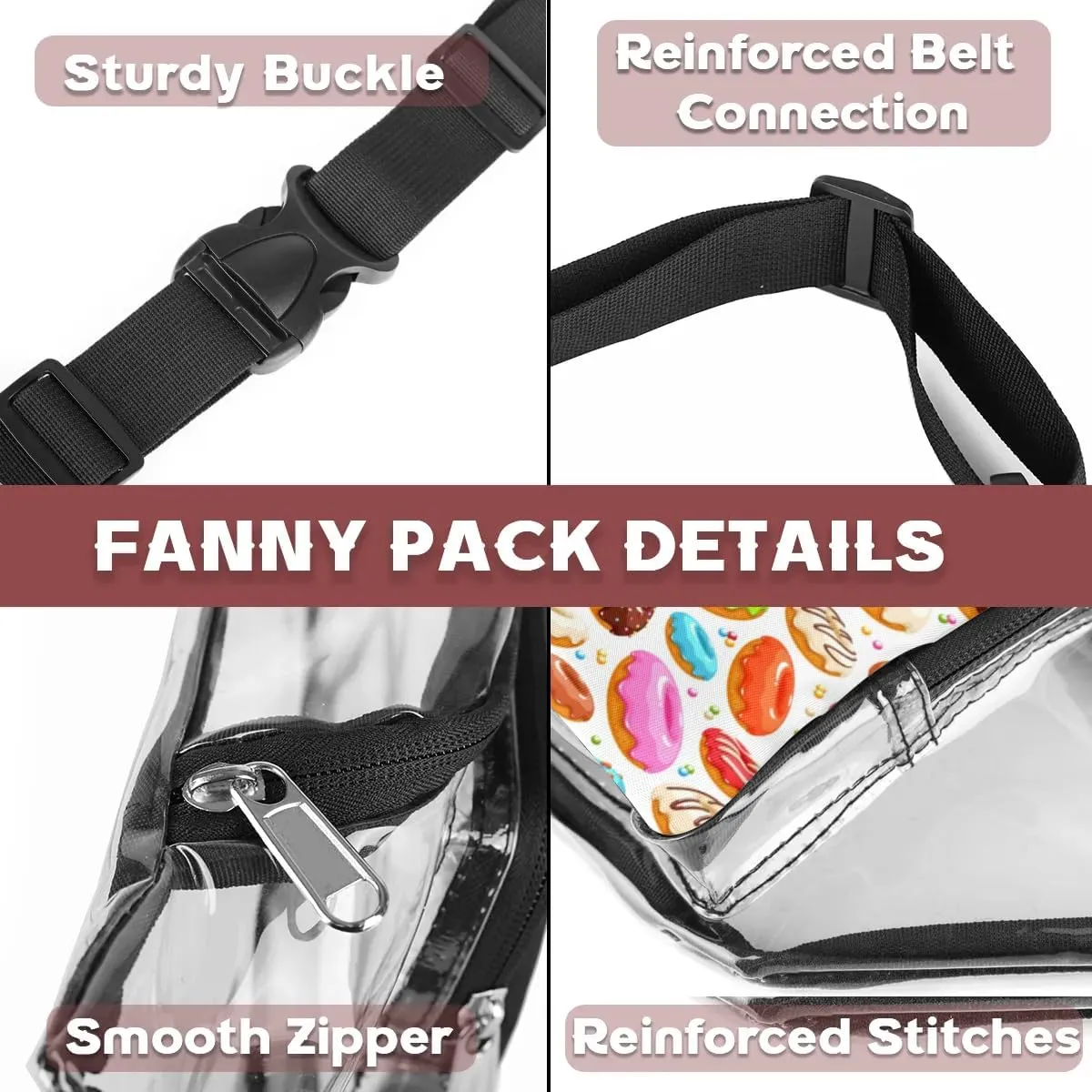 Colorful Donuts Clear Fanny Pack Stadium Approved Clear Crossbody Belt Bag for Women Men Transparent Waist Bag with Adjustable Strap for Concerts Sports Events Travel