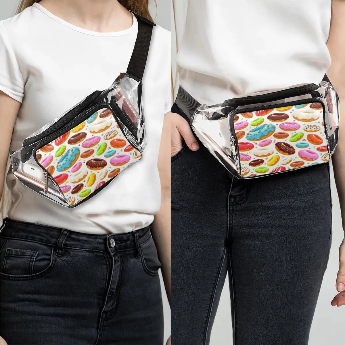 Colorful Donuts Clear Fanny Pack Stadium Approved Clear Crossbody Belt Bag for Women Men Transparent Waist Bag with Adjustable Strap for Concerts Sports Events Travel