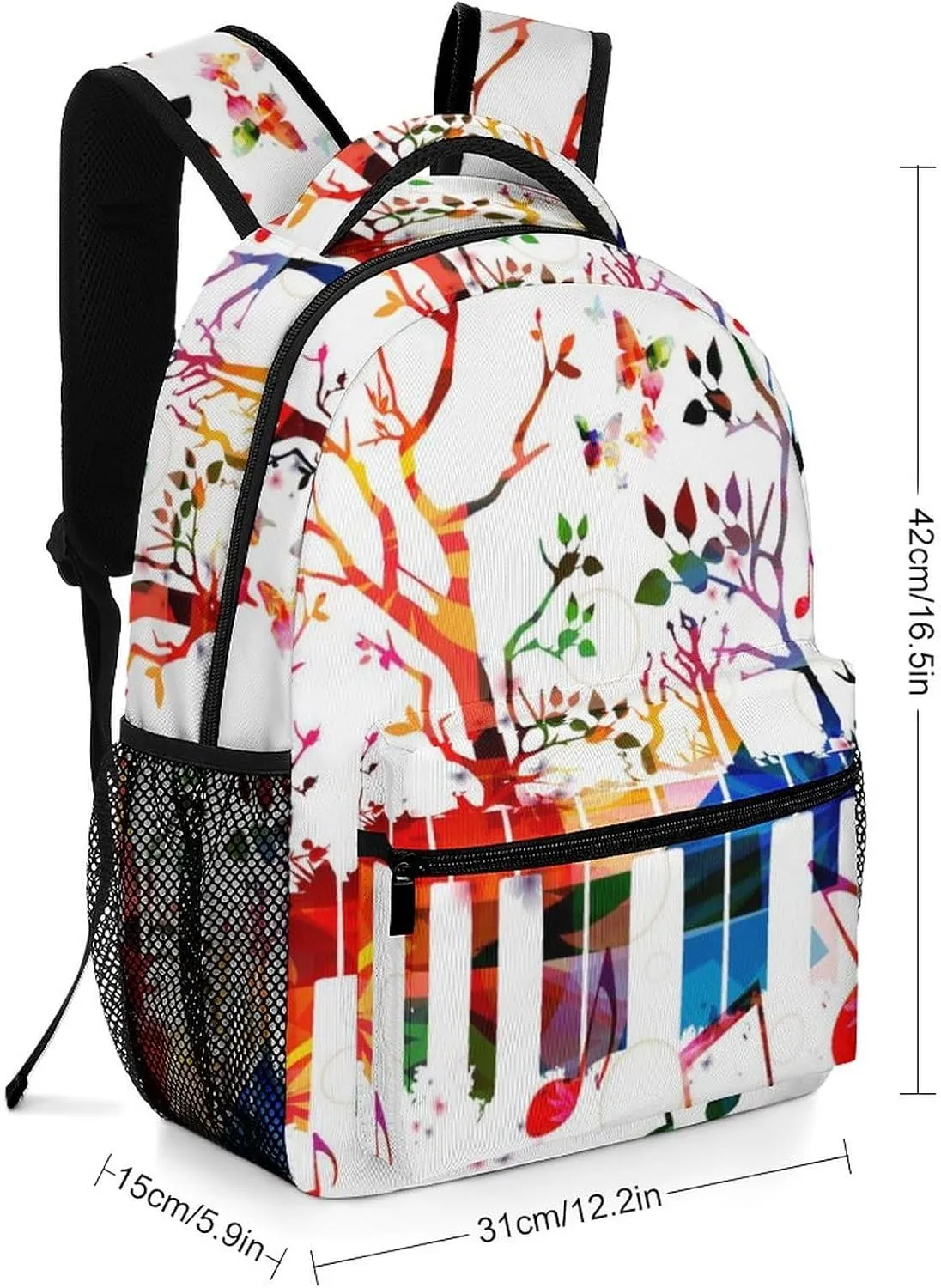 Colorful Keyboard Tree Backpack Art Music Large computer Bags with Chest Strap,Lightweight Casual Daypack for Women Men Hiking Travel Work and Business 16 Inch