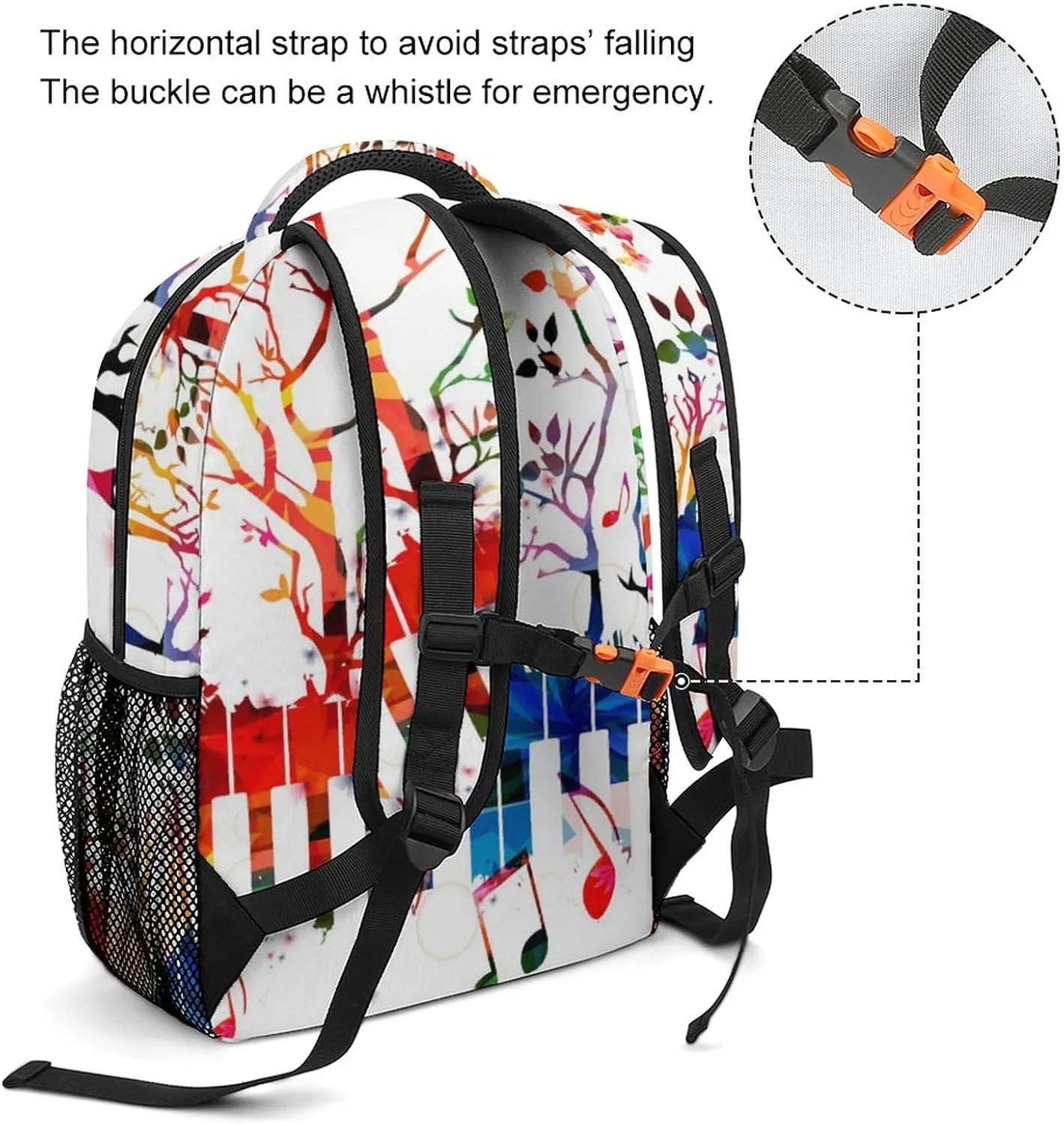 Colorful Keyboard Tree Backpack Art Music Large computer Bags with Chest Strap,Lightweight Casual Daypack for Women Men Hiking Travel Work and Business 16 Inch