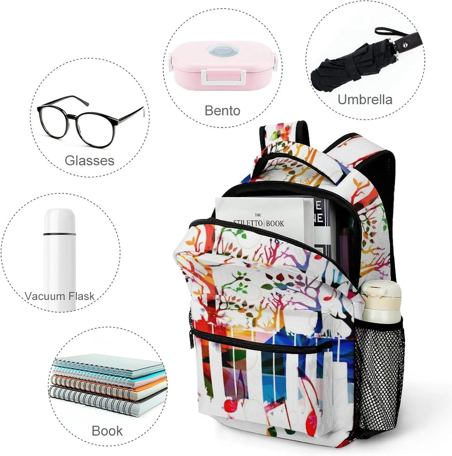 Colorful Keyboard Tree Backpack Art Music Large computer Bags with Chest Strap,Lightweight Casual Daypack for Women Men Hiking Travel Work and Business 16 Inch