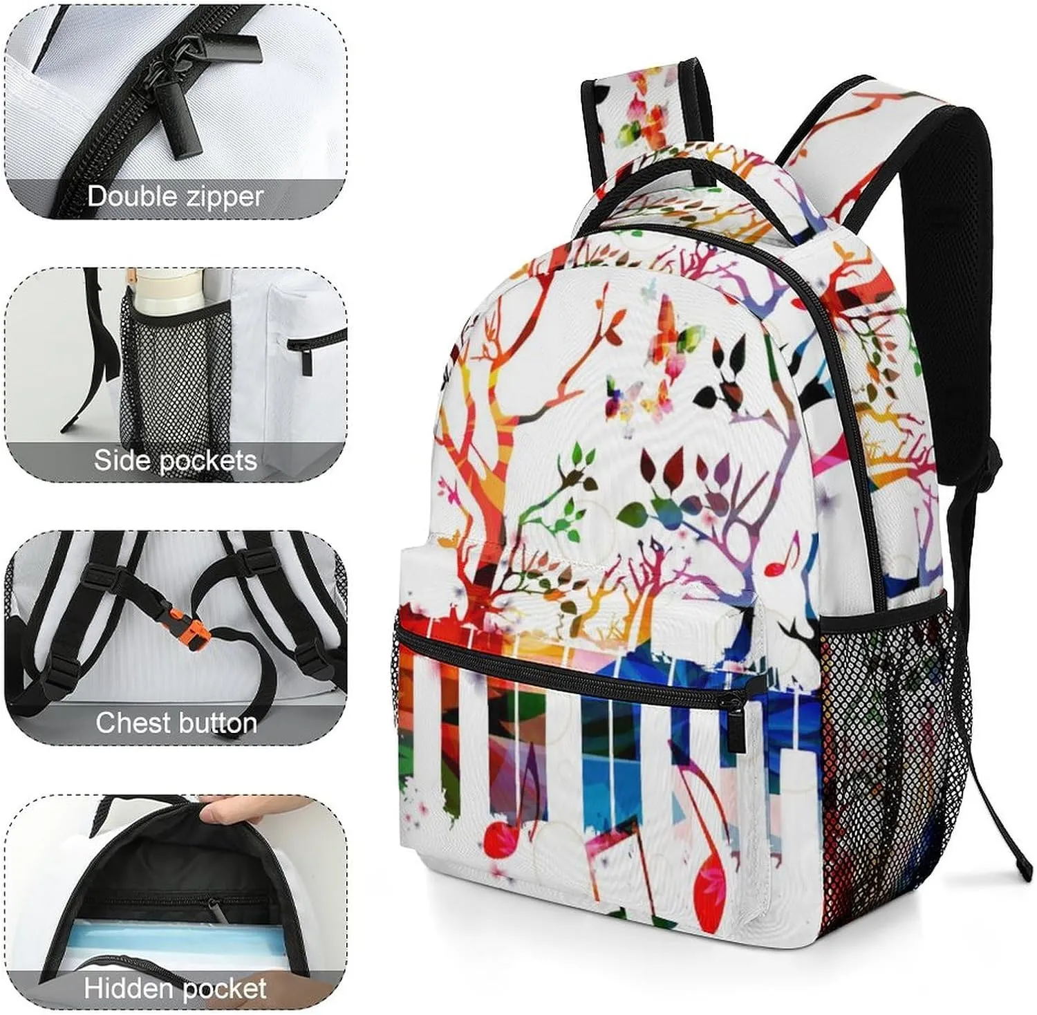 Colorful Keyboard Tree Backpack Art Music Large computer Bags with Chest Strap,Lightweight Casual Daypack for Women Men Hiking Travel Work and Business 16 Inch