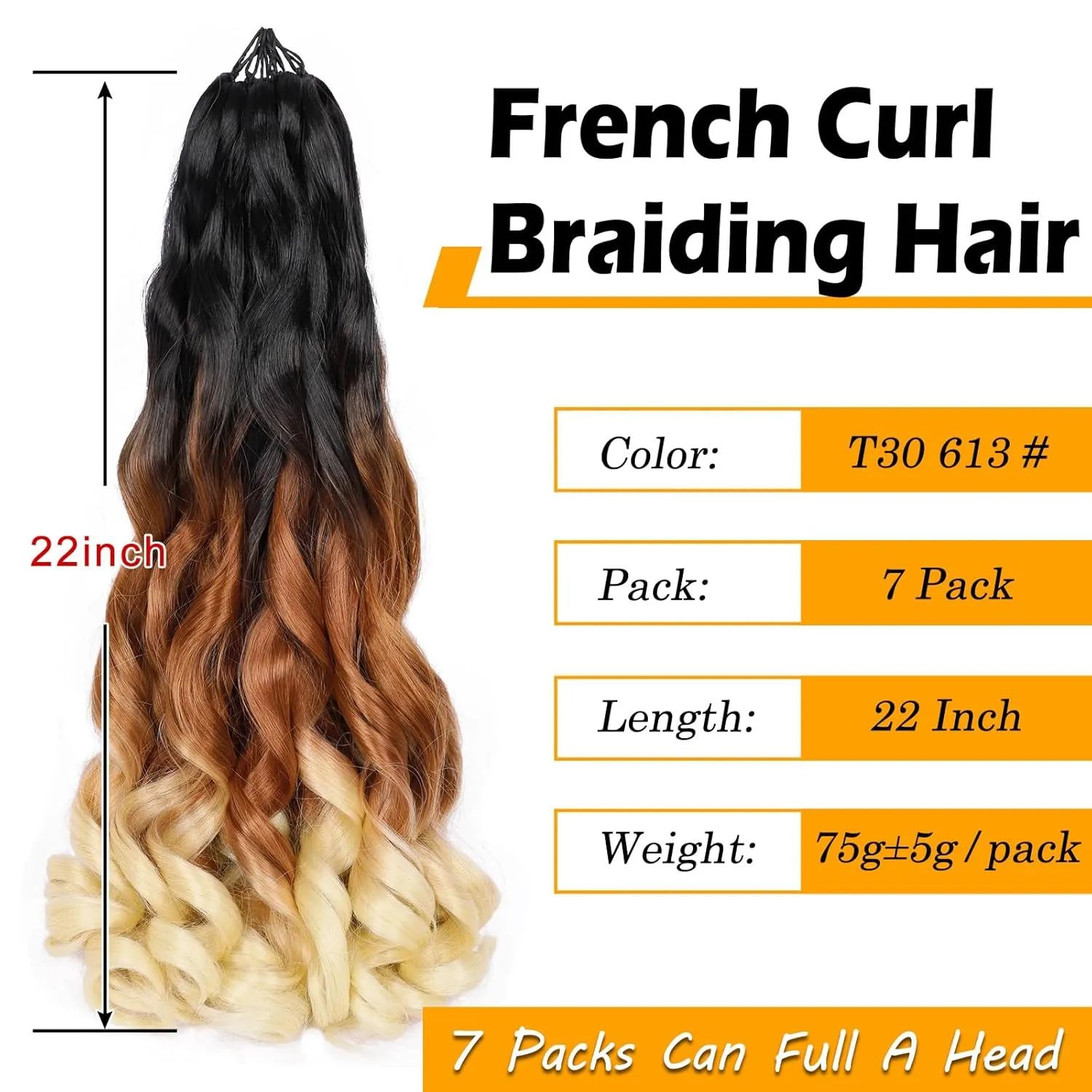 Colorful Queen French Curly Braiding Hair 7 Packs 22 Inch Pre Stretched Ombre Braiding Hair Crochet Braids for Women Spanish Curly Ends Synthetic Hair Extensions 1B/30/613#