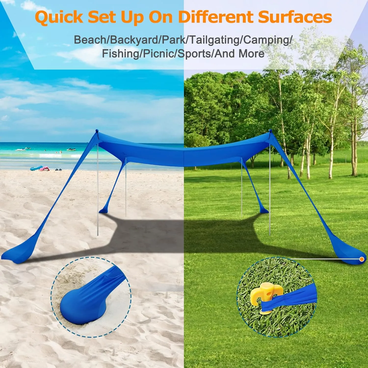COMMOUDS Beach Tent Sun Shelter - UPF50  Pop Up Beach Canopy with Sandbags & Sand Shovel & Windproof Poles, Portable Sun Shade for Beach, Camping, Picnics, Backyard