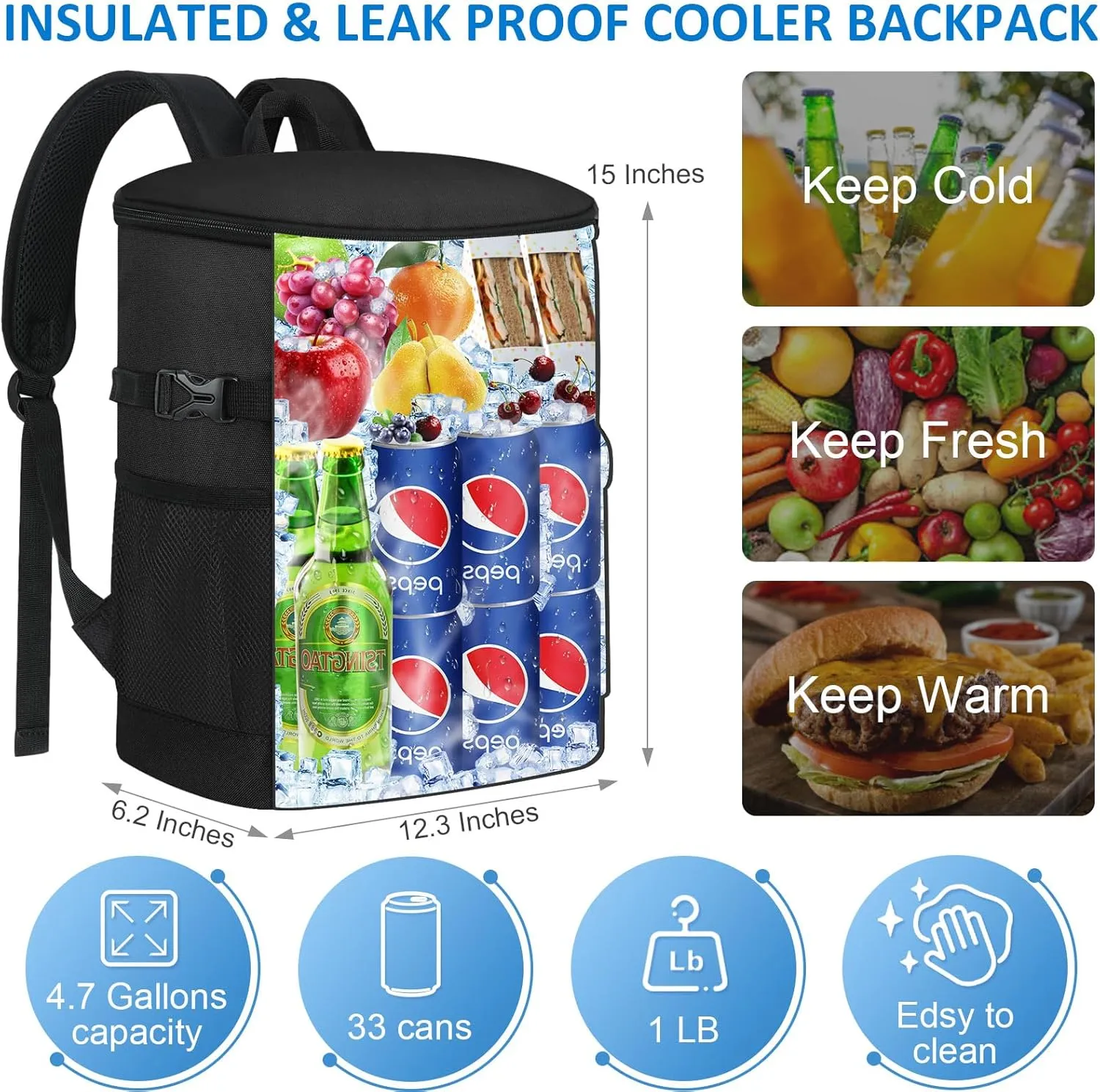 Cooler Backpack 33 Cans Backpack Coolers Insulated Leak Proof Soft Beach Cooler Bag for Men Women Ice Chest Backpack Camping Hiking Picnic Travel Cooler Lunch Backpack