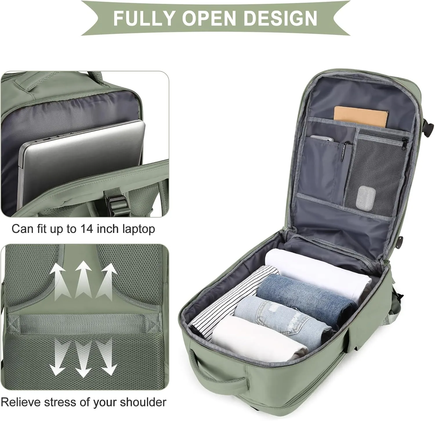 coowoz Large Travel Backpack For Women Men,Carry On Backpack,Hiking Backpack Waterproof Outdoor Sports Rucksack Casual Daypack travel essentials（Gray Green）