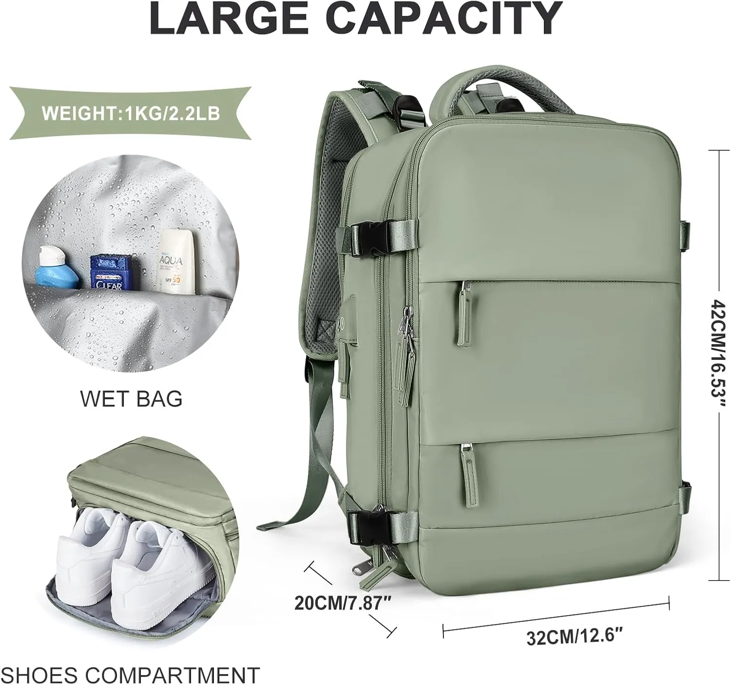 coowoz Large Travel Backpack For Women Men,Carry On Backpack,Hiking Backpack Waterproof Outdoor Sports Rucksack Casual Daypack travel essentials（Gray Green）