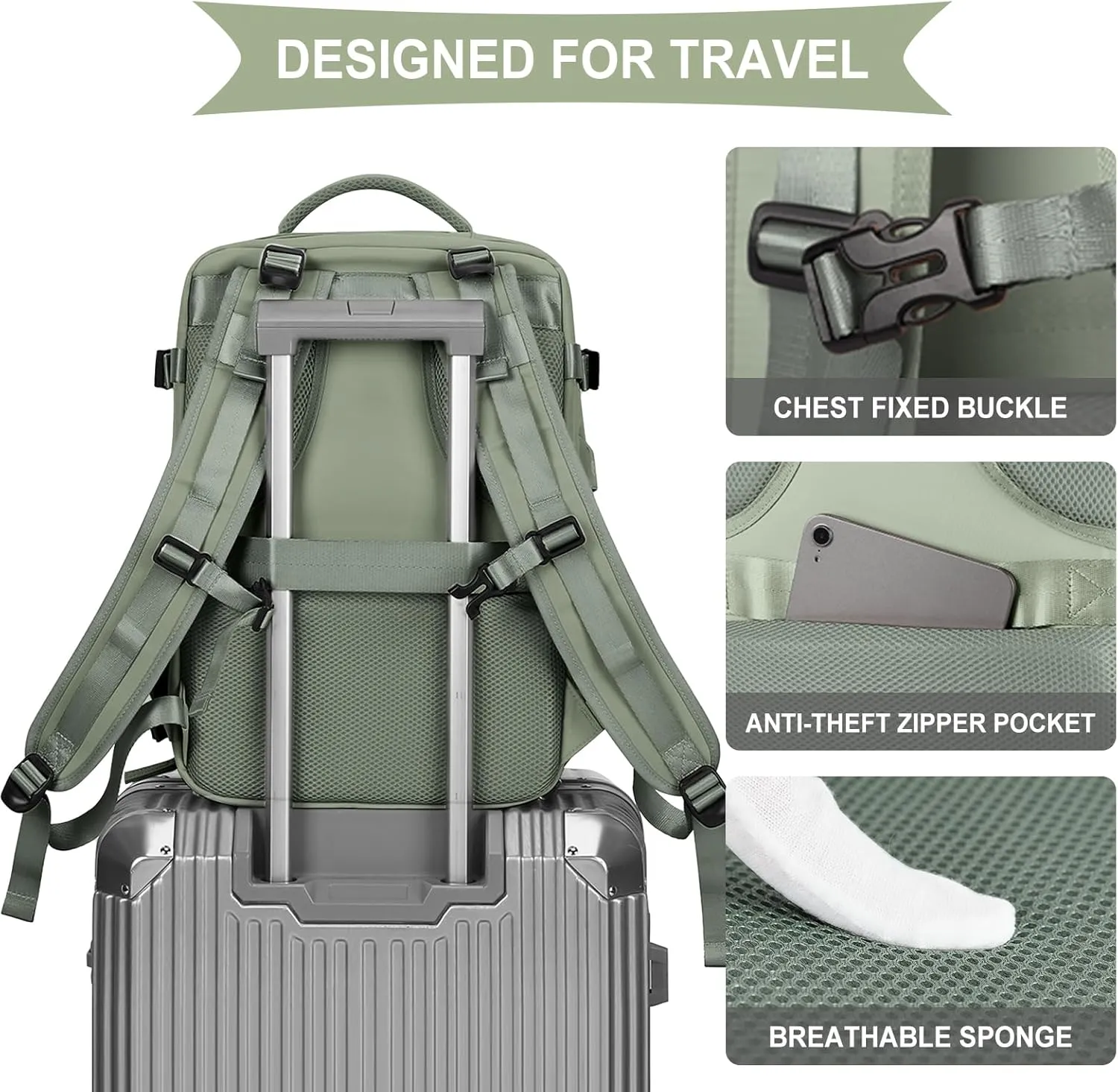 coowoz Large Travel Backpack For Women Men,Carry On Backpack,Hiking Backpack Waterproof Outdoor Sports Rucksack Casual Daypack travel essentials（Gray Green）
