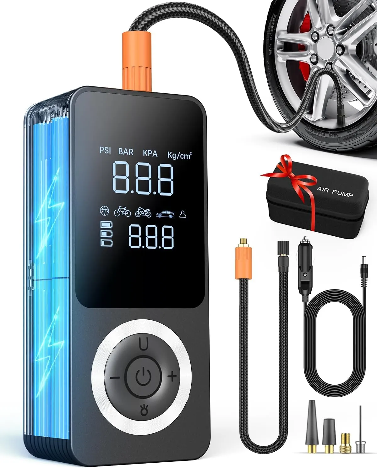 Cordless Tire Inflator Portable Air Compressor, 150 PSI Air Pump with Rechargeable Battery, Tire Pressure Gauge, 12V Car Power Adapter, Smart Air Pump for Car, Motorcycle, Bike, Ball