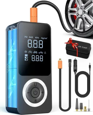 Cordless Tire Inflator Portable Air Compressor, 150 PSI Air Pump with Rechargeable Battery, Tire Pressure Gauge, 12V Car Power Adapter, Smart Air Pump for Car, Motorcycle, Bike, Ball