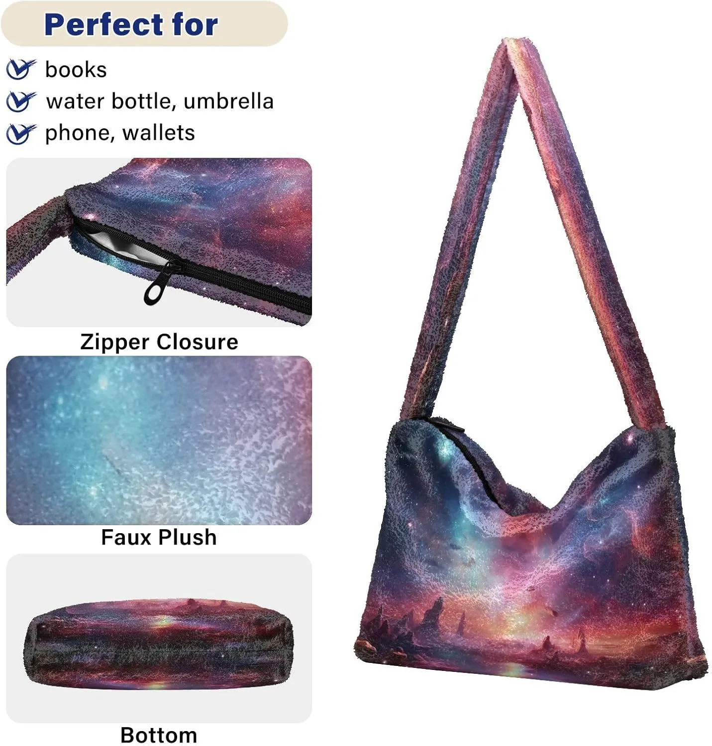 Cosmic Sky with Various Stars and Nebulas Plush Bag, Shoulder Hand Bag, Shoulder Handbags for Women