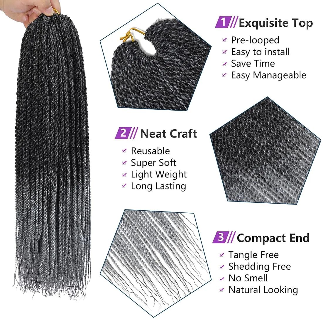 Crochet Braids Senegalese Twist Crochet Hair 7 Packs Pre Looped Micro Senegalese Twist Braiding Hair Ombre Crochet Braids for Women (18inch, TGray)