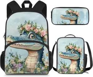 Crocodile Backpack and Lunch Box for Girls Preschool Flower Elementary School Bookbag with Lunch Bag Set Toddler Kids Student Book Bags Lunchbox Pencil Case 15in Back Pack 4-6/6-8/8-10