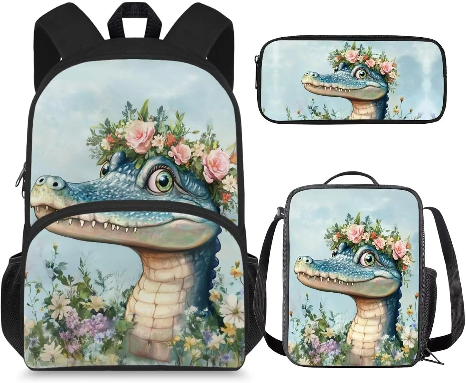 Crocodile Backpack and Lunch Box for Girls Preschool Flower Elementary School Bookbag with Lunch Bag Set Toddler Kids Student Book Bags Lunchbox Pencil Case 15in Back Pack 4-6/6-8/8-10