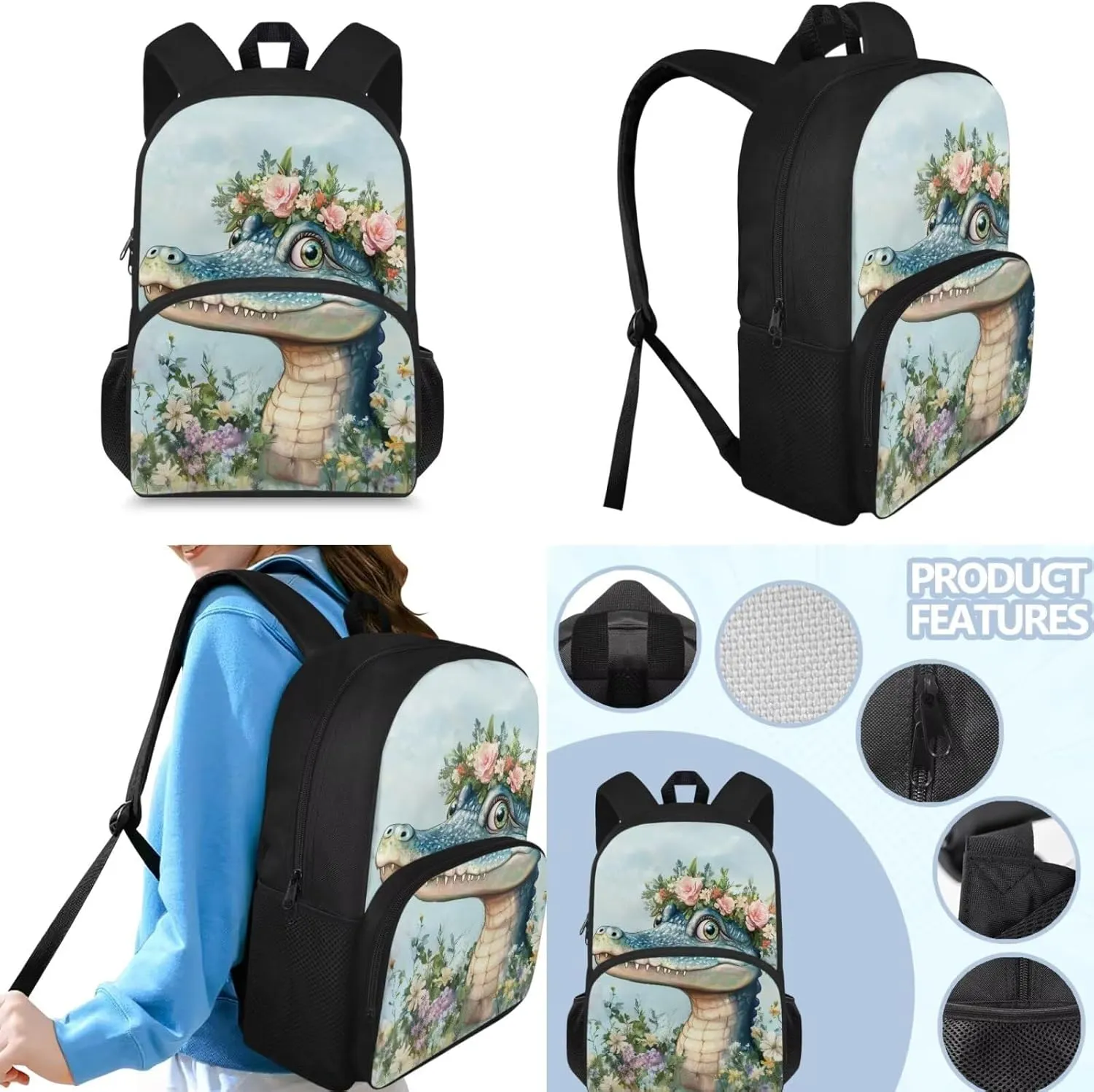 Crocodile Backpack and Lunch Box for Girls Preschool Flower Elementary School Bookbag with Lunch Bag Set Toddler Kids Student Book Bags Lunchbox Pencil Case 15in Back Pack 4-6/6-8/8-10