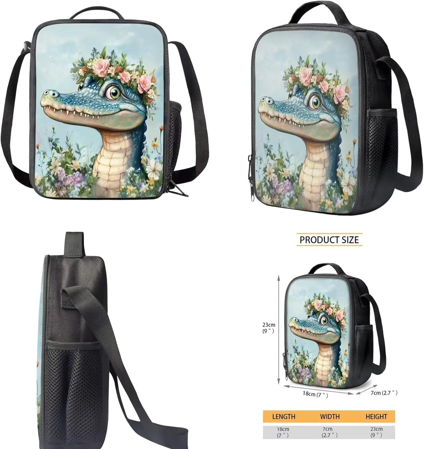 Crocodile Backpack and Lunch Box for Girls Preschool Flower Elementary School Bookbag with Lunch Bag Set Toddler Kids Student Book Bags Lunchbox Pencil Case 15in Back Pack 4-6/6-8/8-10