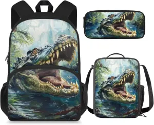 Crocodile Backpack for School Boys 6-7/10-12/5-6/8-9 with Lunch Box Kids Elementary Schoolbag Lunch Bag Pencil Case 15 Inch Book Bag for Girls 2nd Grade Back Pack Lunchbox Pencil Case Set